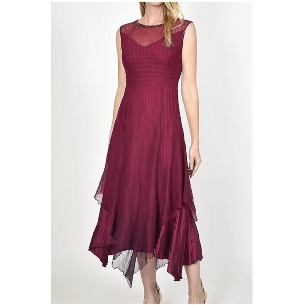 Komarov Beaded Illusion Neck Sleeveless Asymmetrical Tiered Dress - Picture 1 of 8